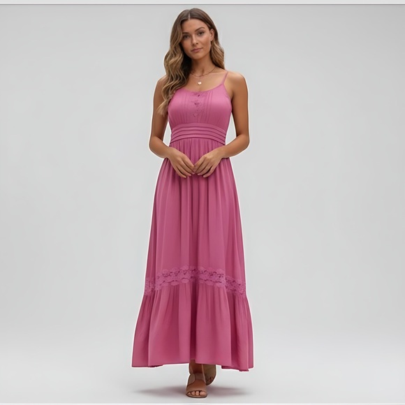 By Design Dresses & Skirts - Boho Shirred Ruffle Lace Hem Maxi Dress Pink